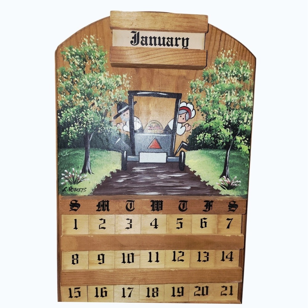 Vintage Amish-Themed Wooden Perpetual Calendar Hand Painted Folk Art 23x11 - Picture 3 of 6